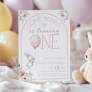 Some Bunny is One First Birthday Invite, Boho Bunny 1st Birthday Editable Invitation, Pink Bunny is One Birthday Invitation Template