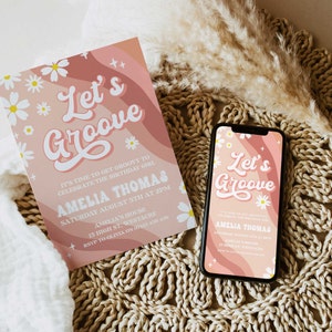 Let&#39;s Groove Daisy Birthday Invitation, Groovy Birthday Party Invitation, Fun Let&#39;s Groove Birthday Daisy Hippy Eighth Party Invitation GRV