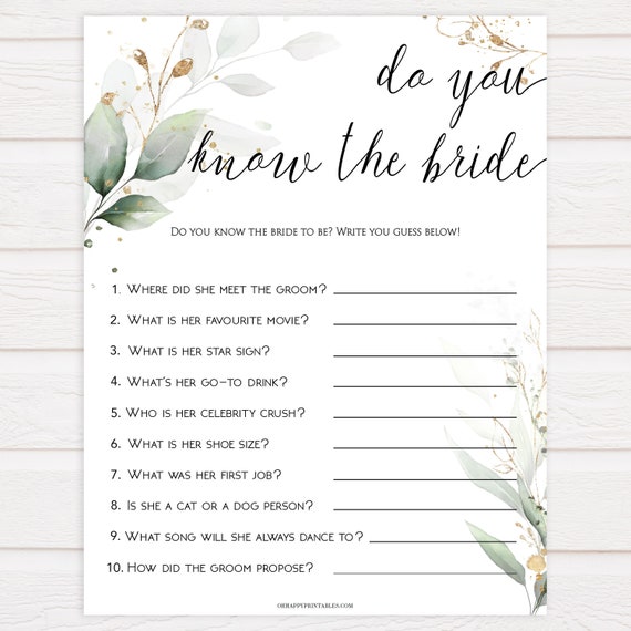 Greenery Do you Know the Bride Printable Bridal Shower Game | Etsy