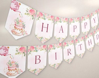 Tea Party Happy Birthday Banner Template, Tea Party Bunting, Whimsical Floral Party Decorations, Tea For Two Party Birthday Bunting TP1