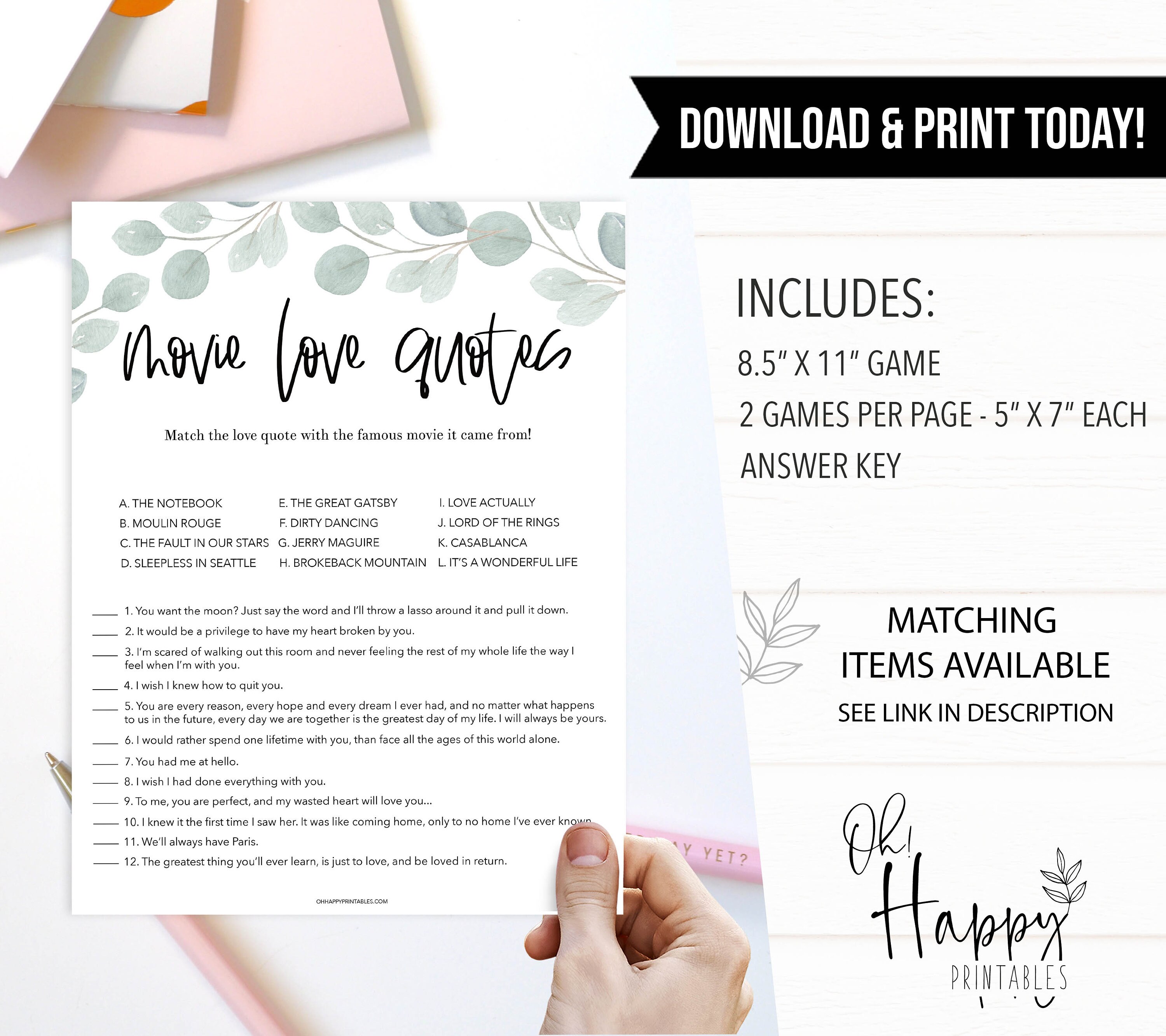 Movie Love Quotes Bridal Shower Game Bridal Shower Games Etsy