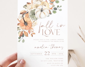 Fallen in der Liebe Brautdusche Einladung, Herbst Brautdusche einladen, Floral Kürbis Brautdusche einladen, bearbeitbare Herbst Brautdusche