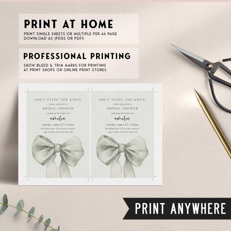 Pu&ograve; includere: Un invito stampabile per un addio al nubilato con un'illustrazione ad acquerello di un fiocco verde. Il testo sull'invito recita: "She's tying the knot! Unisciti a noi per un addio al nubilato per celebrare la futura sposa Amelia. Sabato 22 agosto, 18:30. The Millon Barn, 22 Ivy Lane, Avenue. RSVP a Katie al 0123456 458."