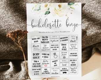 Bachelorette Bingo Games, Printable Bachelorette Games, White Floral Bridal Games, Bachelorette Bingo, Fun Floral Bridal Shower Games, WF2