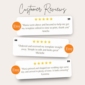 May include: Three customer reviews for an Etsy shop. Each review has a five-star rating and a quote from a customer. The first review says "Maria went above and beyond to help me get my template edited in time to print, thank you." The second review says "Ordered and received my template straight away. Simple to edit and looks great." The third review says "Maria printed and shipped our wedding sign same day and arrived in plenty of time. It looks amazing."