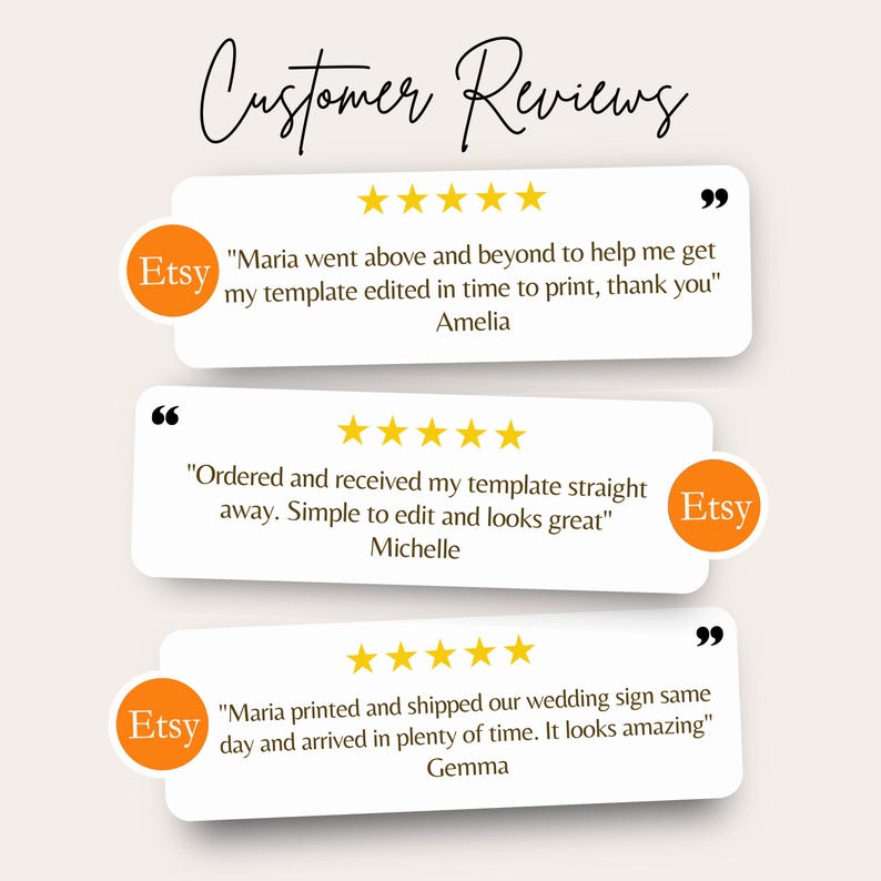 May include: Three customer reviews for an Etsy shop. Each review has a five-star rating and a quote from a customer. The first review says "Maria went above and beyond to help me get my template edited in time to print, thank you." The second review says "Ordered and received my template straight away. Simple to edit and looks great." The third review says "Maria printed and shipped our wedding sign same day and arrived in plenty of time. It looks amazing."