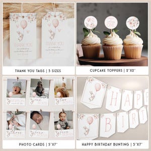 May include: A selection of baby party decorations, including thank you tags, cupcake toppers, photo cards, and a happy birthday banner. The designs feature a bunny holding a balloon and floral accents in soft pink hues.