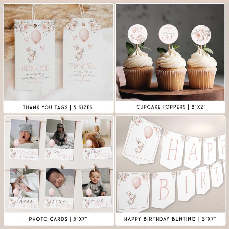 May include: A selection of baby party decorations, including thank you tags, cupcake toppers, photo cards, and a happy birthday banner. The designs feature a bunny holding a balloon and floral accents in soft pink hues.