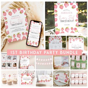 Berry First Birthday Invitation Bundle, Printable Strawberry 1st Birthday Bundle, Berry Birthday Decorations, Printable First Birthday BER1