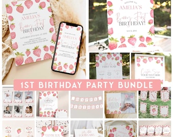 Berry First Birthday Invitation Bundle, Printable Strawberry 1st Birthday Bundle, Berry Birthday Decorations, Printable First Birthday BER1