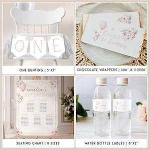 May include: Party supplies with a floral and bunny theme. Includes a "ONE" banner, chocolate wrappers, a seating chart, and water bottle labels. The banner is 12.7cm x 17.8cm, and the water bottle labels are 20.3cm x 5.1cm.