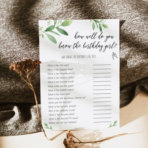 EDITABLE Know The Birthday Girl, Printable Birthday Games, Do You Know Birthday Girl, Greenery Birthday Game, Corjl Birthday Games GG3