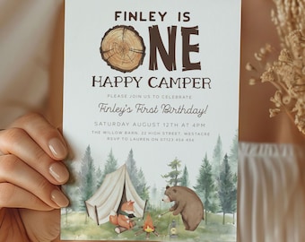 ONE Happy Camper Birthday Invitation, Editable Watercolor One Happy Camper Birthday Invite, Happy Camper First Birthday Invite OHC