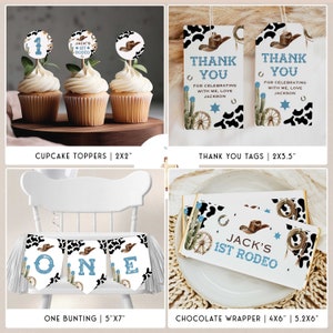 May include: A collection of cowboy-themed party supplies. Includes cupcake toppers, thank you tags, a banner that says "ONE", and chocolate wrappers. Designs feature a cowboy hat, cow print, and the text "Jack's 1st Rodeo".