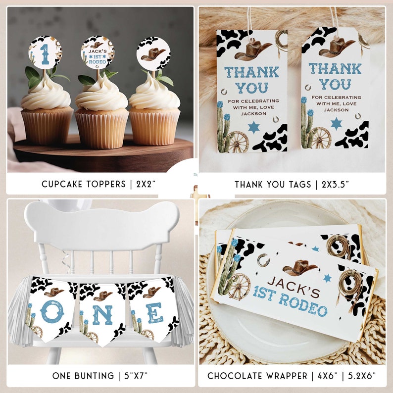 May include: A collection of cowboy-themed party supplies. Includes cupcake toppers, thank you tags, a banner that says "ONE", and chocolate wrappers. Designs feature a cowboy hat, cow print, and the text "Jack's 1st Rodeo".