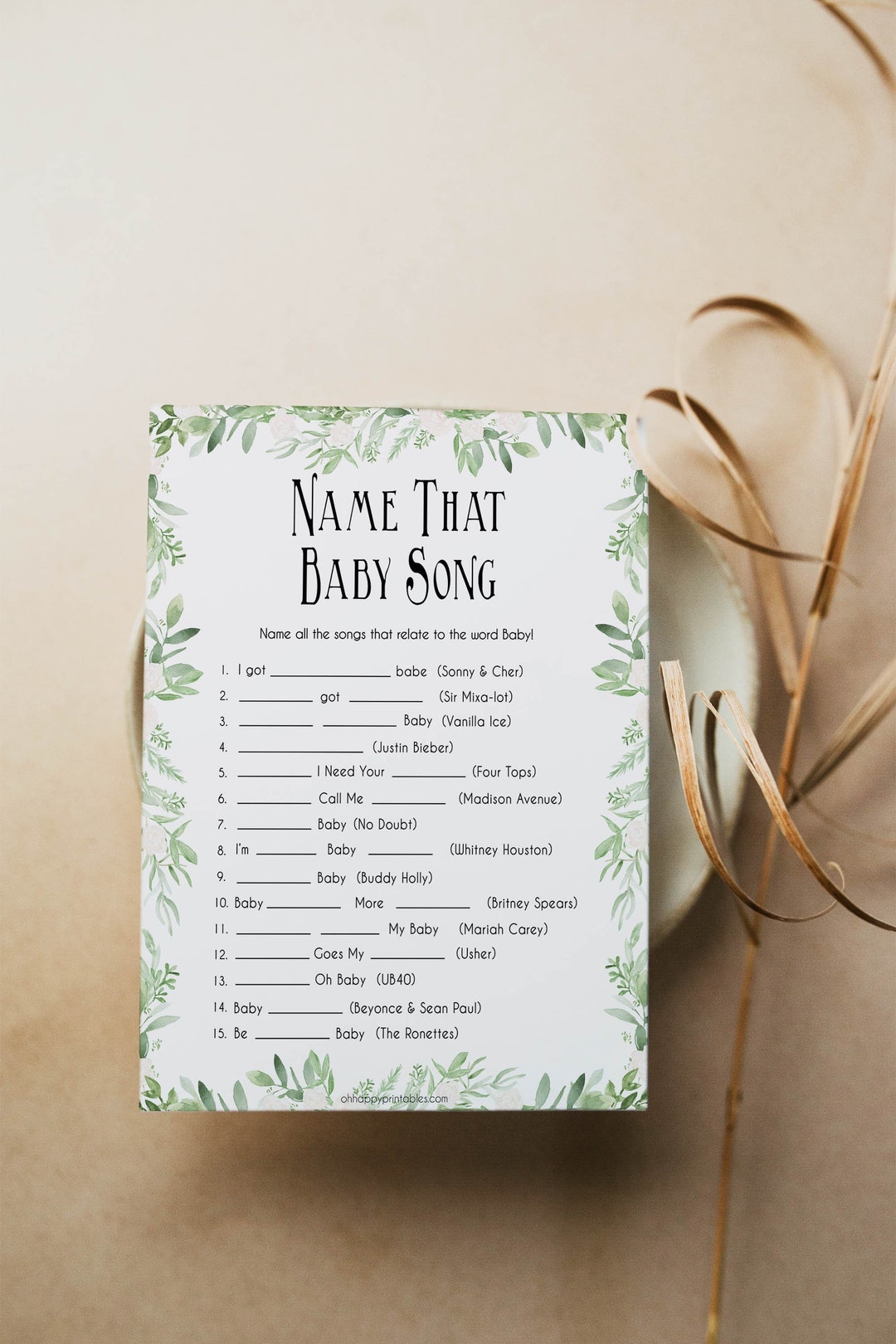 Name That Baby Song Game, Printable Baby Shower Games, Greenery Baby ...