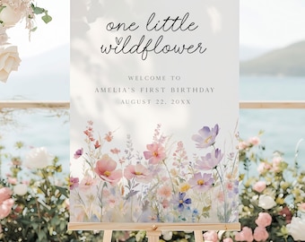 One Little Wildflower 1st Birthday Welcome Sign, Meadow Little Wildflower Is One Wildflower Birthday Welcome Sign Editable Birthday Sign LWF