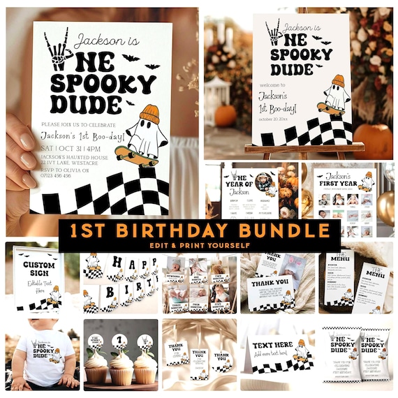 One Spooky Dude Birthday Bundle Spooky One First Birthday Bundle Halloween Party Invite Boy Fall 1st Birthday Bundle Retro Ghost Invite SO2