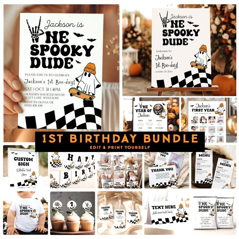 Editable Halloween birthday invitation with ghost and checkered design, perfect for baby boy’s first birthday party or spooky fall celebration.