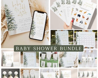 May include: A baby shower bundle with a woodland theme. The bundle includes invitations, games, decorations, and favors. The invitations feature a watercolor illustration of a pine tree with gold accents. The games include a "Guess the Baby Animal" game and a "Guess the Baby's Birthday" game. The decorations include a banner with pine trees and a sign that says "Welcome to Baby's Shower". The favors include water bottle labels with pine trees and a "Thank You" card.