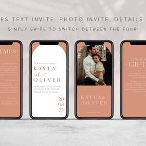 Puede incluir: Cuatro pantallas de tel&eacute;fono con un fondo melocot&oacute;n. Las pantallas muestran detalles de la invitaci&oacute;n de boda, incluidos los nombres Kayla y Oliver, la fecha 20 de agosto de 2023 y una foto de la pareja. El texto "INCLUDES TEXT INVITE, PHOTO INVITE, DETAILS & GIFTS" est&aacute; en la parte superior de la imagen.