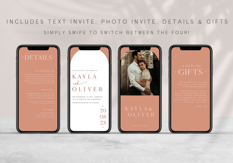 Puede incluir: Cuatro pantallas de tel&eacute;fono con un fondo melocot&oacute;n. Las pantallas muestran detalles de la invitaci&oacute;n de boda, incluidos los nombres Kayla y Oliver, la fecha 20 de agosto de 2023 y una foto de la pareja. El texto "INCLUDES TEXT INVITE, PHOTO INVITE, DETAILS & GIFTS" est&aacute; en la parte superior de la imagen.