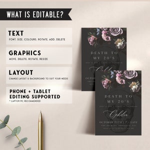 fully editable invitation and mobile invitation celebrating the death of my twenties. Gothic floral death to my twenties invitation suite