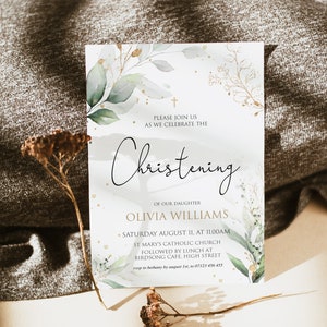 EDITABLE Christening Invitation Template, Botanical, Printable Christening Invitation, Gold Greenery, Instant Download, Boy Girl Christening