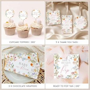 Op de afbeelding: Een verzameling babyshower-feestartikelen, waaronder cupcakes met toppers, bedankkaartjes, chocoladewikkels en een "Ready to Pop"-label. Bloemenontwerpen met pastelkleuren versieren de items.