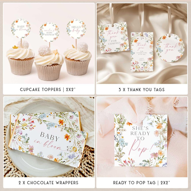 Op de afbeelding: Een verzameling babyshower-feestartikelen, waaronder cupcakes met toppers, bedankkaartjes, chocoladewikkels en een "Ready to Pop"-label. Bloemenontwerpen met pastelkleuren versieren de items.