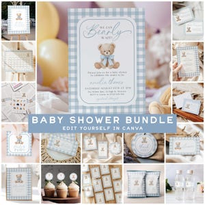 May include: A baby shower bundle with a teddy bear theme. Includes invitations, tags, cupcake toppers, and more. The design features a blue and white gingham pattern and the text "We Can Bearly Wait!" and "Baby Shower Bundle Edit Yourself in Canva".