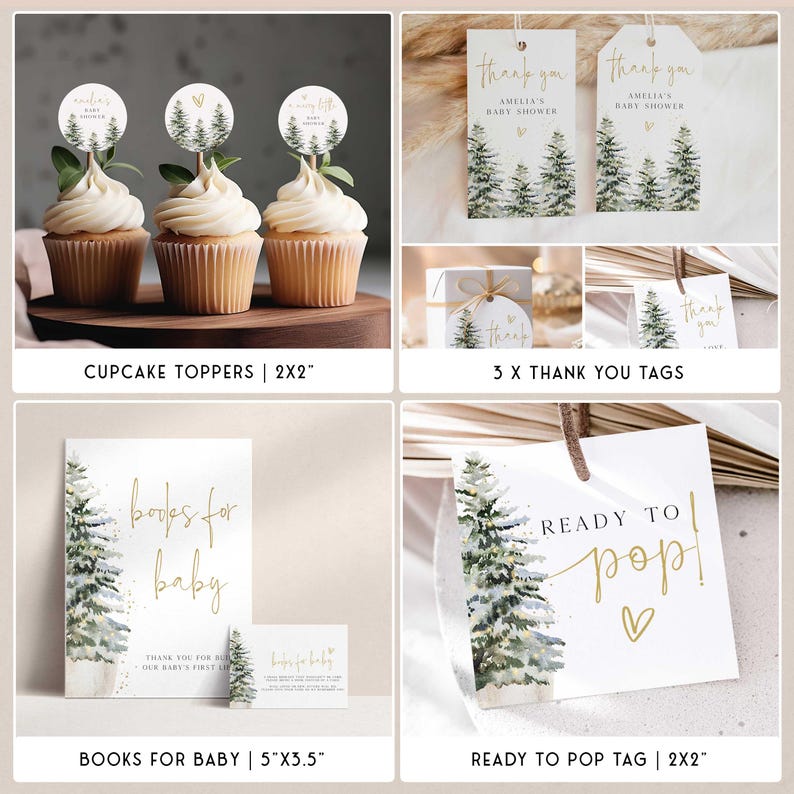 Puede incluir: Conjunto de imprimibles para baby shower con tem&aacute;tica de bosque con adornos para cupcakes, etiquetas de agradecimiento, un cartel de 'libros para el beb&eacute;' y una etiqueta de 'listo para estallar'. Los dise&ntilde;os presentan pinos acuarela con detalles dorados.