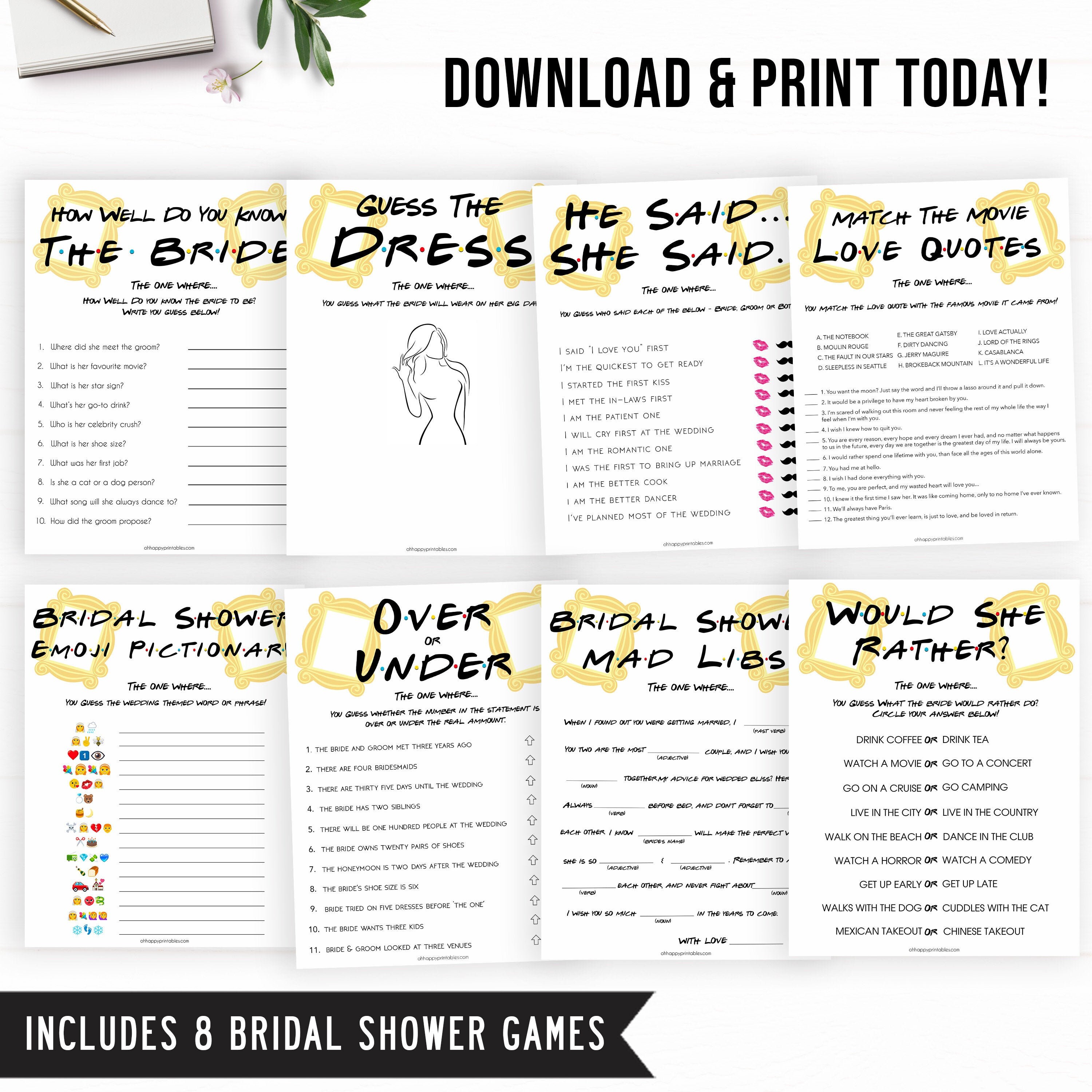 Friends Bridal Shower 8 Games Bundle Bridal Shower Games Etsy