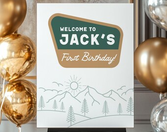 One Happy Camper First Birthday Welcome Sign, Happy Camper 1st Birthday Welcome Sign, Editable Template, Woodland First Birthday Sign OHC