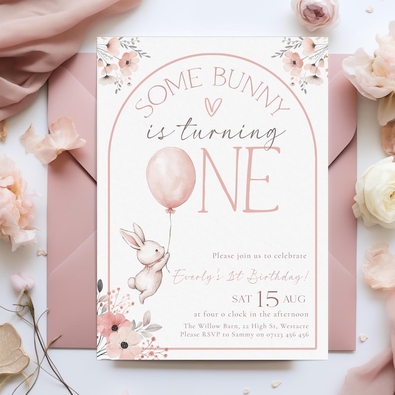 Some Bunny is One First Birthday Invite, Boho Bunny 1st Birthday Editable Invitation, Pink Bunny is One Birthday Invitation Template