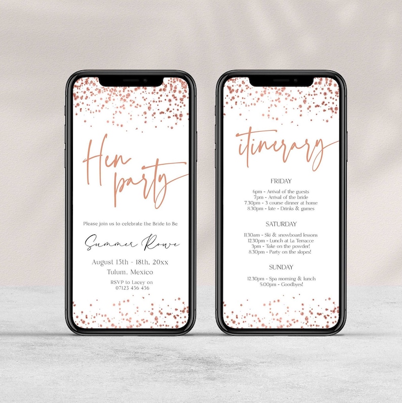 hen party mobile invitation suite in a stunning rose gold confetti theme. The invitation suite includes invite, itinerary and details for sending via WhatsApp, text message . Easy to edit, print and send. This is perfect for any stylish bridal shower