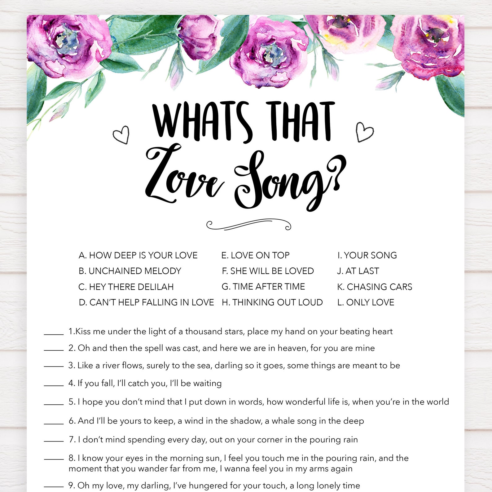 Peonies Bridal Shower Game Love Song Game Bridal Shower Etsy