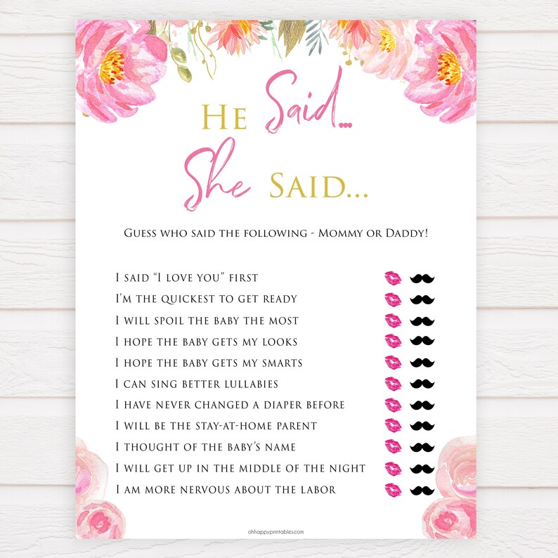 He Said She Said Baby Shower Game Blush Floral Who Said It Etsy