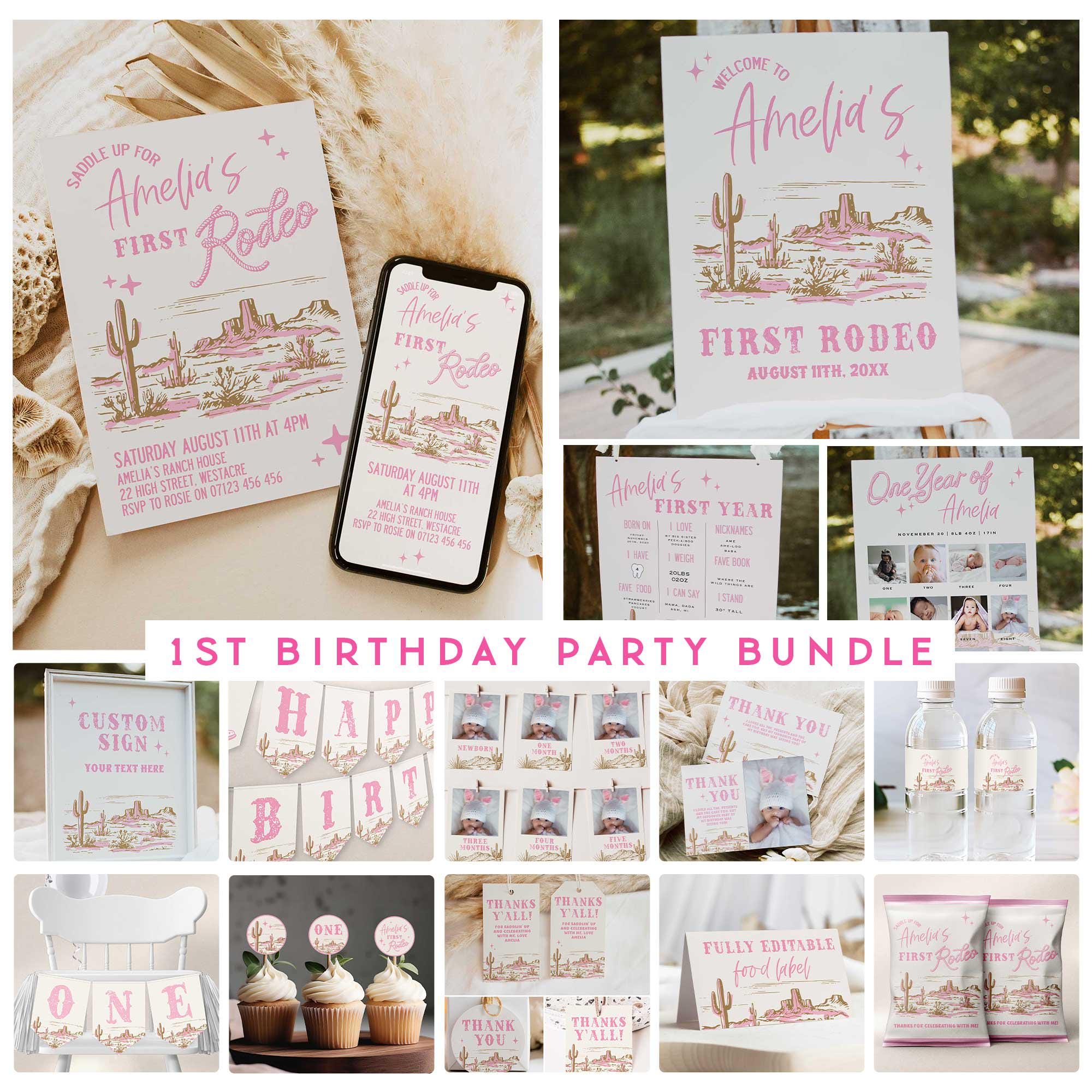 MY FIRST RODEO Birthday Bundle, Editable Cowgirl Rodeo Invitation Bundle, Cowgirl Western First Rodeo Birthday, Rodeo Birthday Party FR1