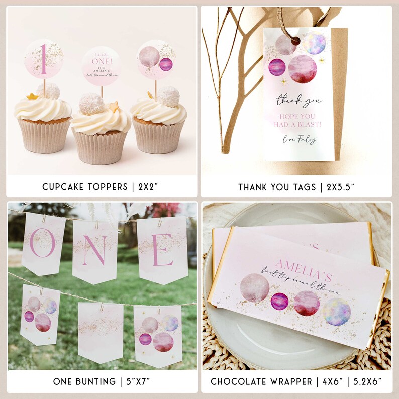 first trip around the sun birthday party bundle in a pink solar theme. The bundle is fully editable and includes items such as invitations, welcome signs, first year sign, tags, labels, bunting and more