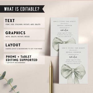 Pu&ograve; includere: Modello di invito per un addio al nubilato modificabile con un'illustrazione ad acquerello di un fiocco verde. Il testo recita "She's tying the knot!" e include il nome della sposa, la data, l'ora e il luogo.