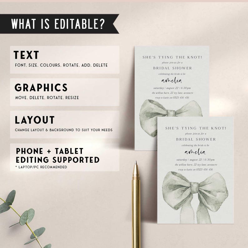 Pu&ograve; includere: Modello di invito per un addio al nubilato modificabile con un'illustrazione ad acquerello di un fiocco verde. Il testo recita "She's tying the knot!" e include il nome della sposa, la data, l'ora e il luogo.