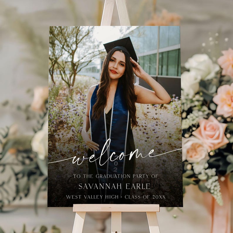 PRINTED + SHIPPED Photo Graduation Welcome Sign, Faded Graduation Board, Senior College Graduation Party Welcome Sign, Graduation Backdrop