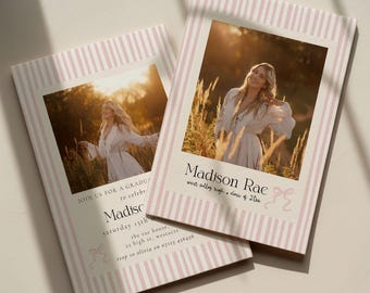 Pink Striped Graduation Invitation Template, Preppy Graduation Invite With Bows, Class of 2026 Summer Graduation Photo Invitation Template