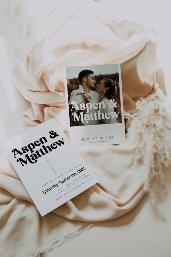 ASPEN Modern 70s Full Wedding Invitation Suite, Photo Wedding Invitation, Editable Wedding Template, Wedding Suite Template, Minimal AM