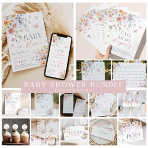 Baby in Bloom Baby Shower Invitation Bundle Printable, Wildflower Baby Shower, Editable Baby Shower Games, Wild Floral Baby Shower BIB