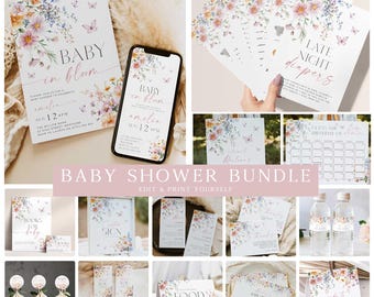 Baby in Bloom Baby Shower Invitation Bundle Printable, Wildflower Baby Shower, Editable Baby Shower Games, Wild Floral Baby Shower BIB