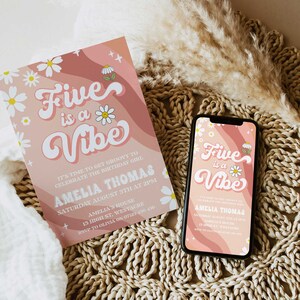 Five Is A Vibe Daisy Birthday Invitation, Groovy 5th Birthday Party Invitation, Birthday Vibe Daisy Hippy Eighth Party Invitation GRV