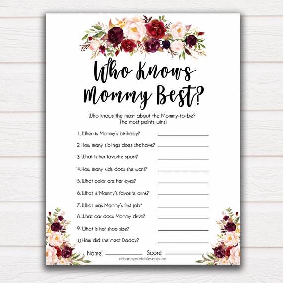 Marsala Who Knows Mommy Best Quiz Baby Shower Games Knows | Etsy
