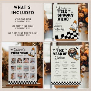He’s a spooky dude theme featuring custom invites, thank you cards, and milestone boards for memorable first birthday setup.